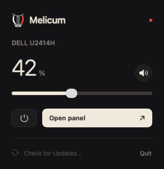 Compact menu bar panel with master volume and Open panel action