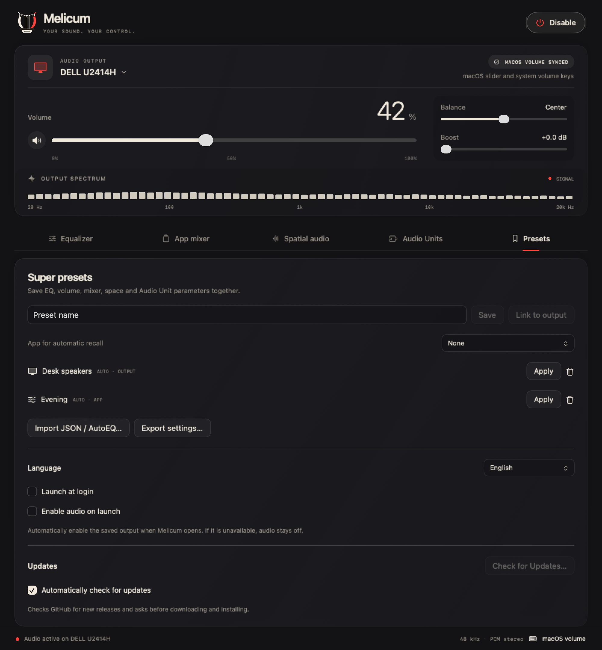 Saved presets, language, startup and automatic update preferences