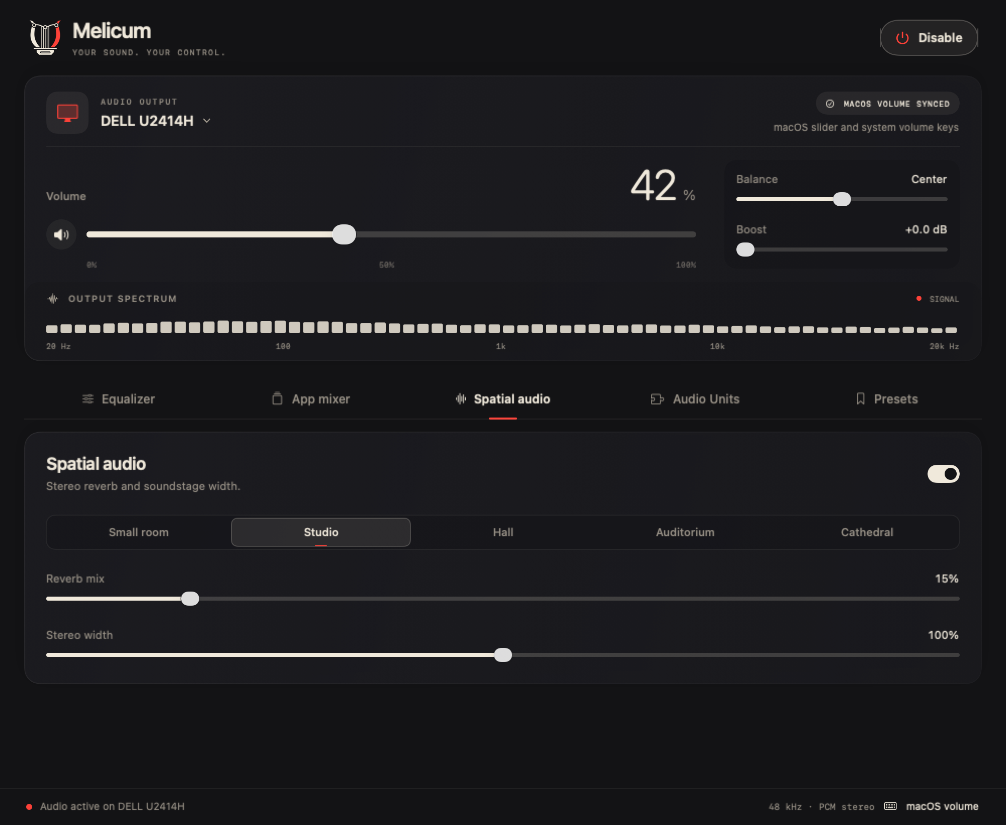 Spatial audio switch, room selector, reverb mix and stereo width